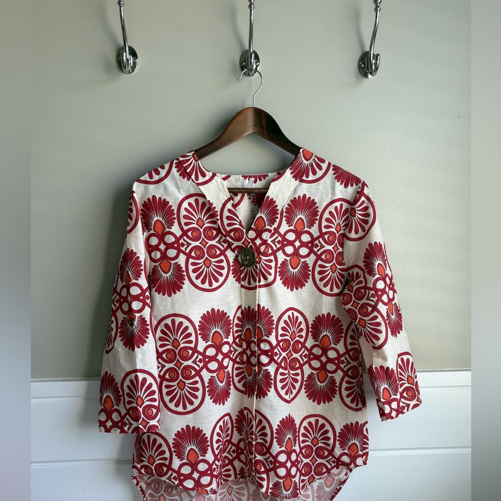 Red and White Floral Women's Top